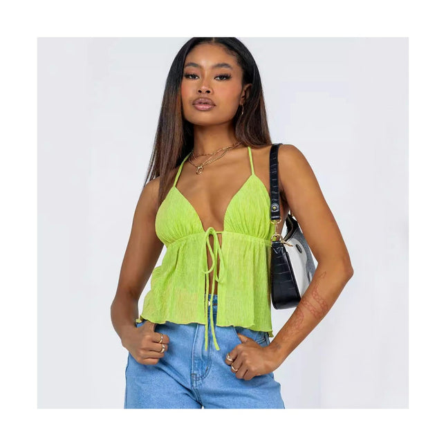 Women's Sexy Spaghetti Strap Tank Top Tie Split Front Tank Backless Crop Tops