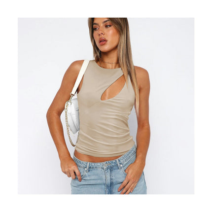 Womens Summer Tank Tops Sleeveless Crewneck Slim Fit Ruched Cut Out Shirt