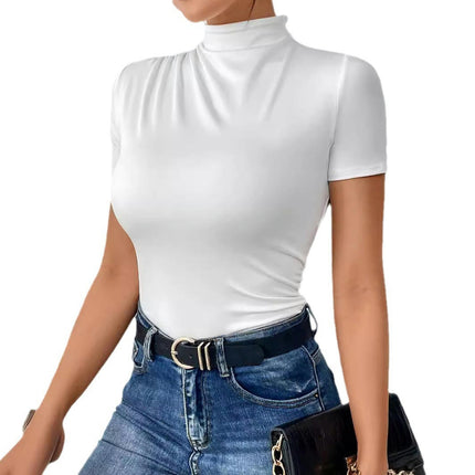 Womens Casual Short Sleeves Top High Neck Ruched Fitted T Shirts