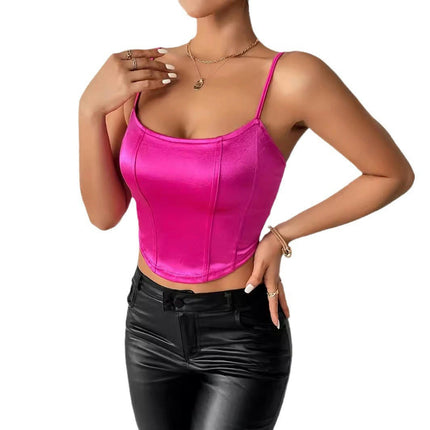 Women Sexy Satin Crop Corset Scoop Neck Sleeveless Bustier Slim Fit Crop Tank Top