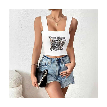 Womens Crop Tank Tops Sleeveless Square Neck Printed Slim Fit Tops