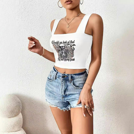 Womens Crop Tank Tops Sleeveless Square Neck Printed Slim Fit Tops