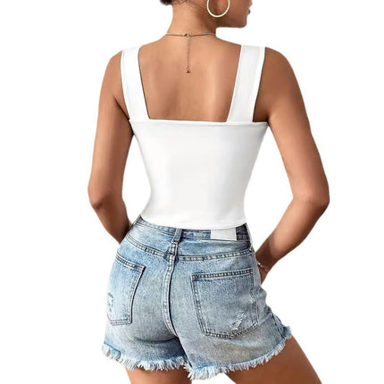 Womens Crop Tank Tops Sleeveless Square Neck Printed Slim Fit Tops