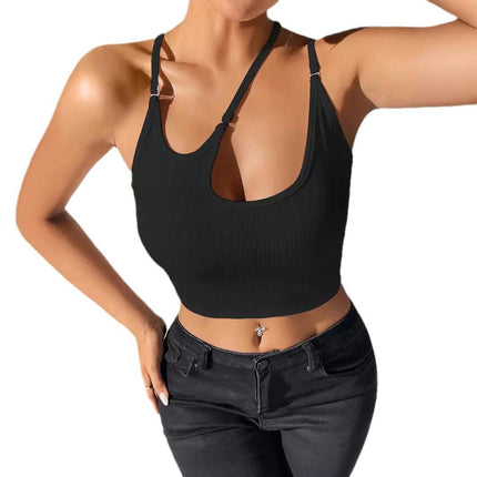 Women Spaghetti Strap Asymmetrical Neck Cut Out Sleeveless Crop Tank Top