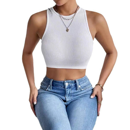 Women's Summer Crew Neck Tank Tops Sleeveless Cropped Ribbed Slim Fit Tops