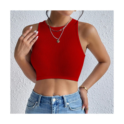 Women's Summer Crew Neck Tank Tops Sleeveless Cropped Ribbed Slim Fit Tops