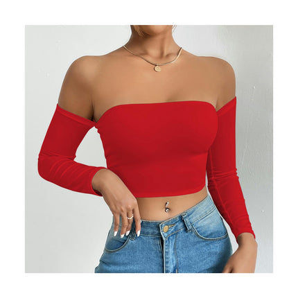 Women's Off Shoulder Long Sleeve Crop Tube Tops Slim Fit Going Out Tee
