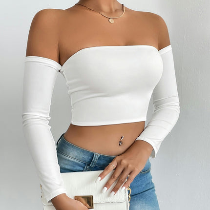 Women's Off Shoulder Long Sleeve Crop Tube Tops Slim Fit Going Out Tee