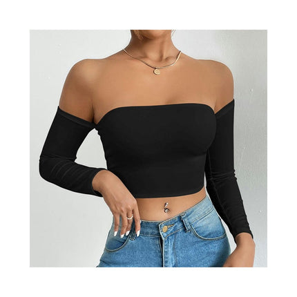 Women's Off Shoulder Long Sleeve Crop Tube Tops Slim Fit Going Out Tee