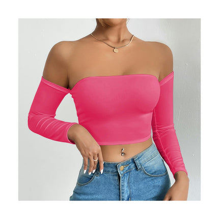 Women's Off Shoulder Long Sleeve Crop Tube Tops Slim Fit Going Out Tee