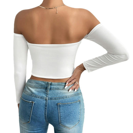 Women's Off Shoulder Long Sleeve Crop Tube Tops Slim Fit Going Out Tee