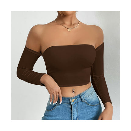 Women's Off Shoulder Long Sleeve Crop Tube Tops Slim Fit Going Out Tee