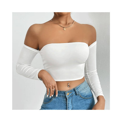 Women's Off Shoulder Long Sleeve Crop Tube Tops Slim Fit Going Out Tee