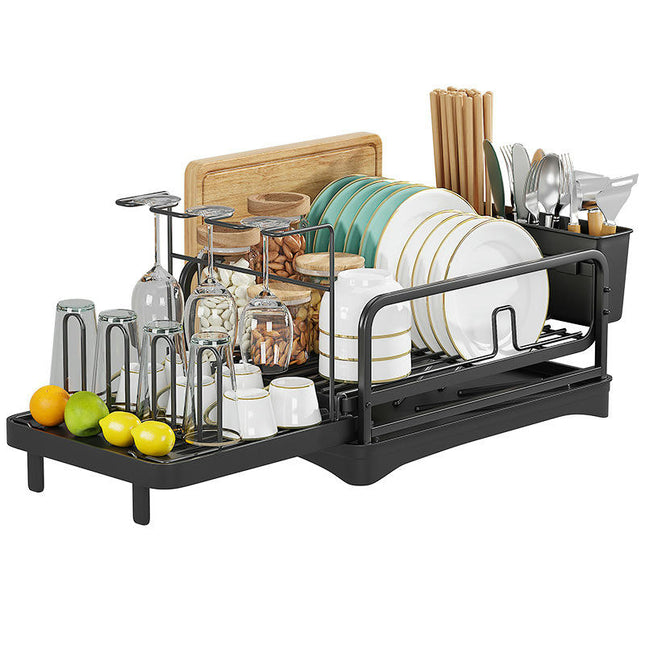 Large Dish Drying Rack with Drainboard Set Extendable Rack Utensil Cup Holder
