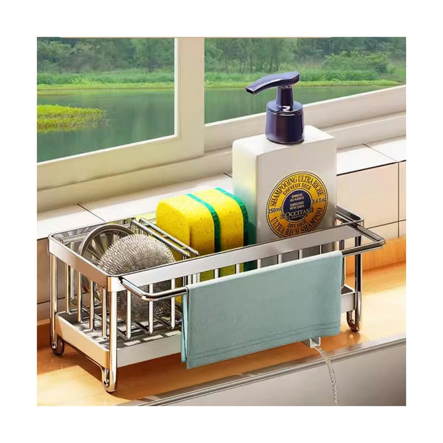 Sponge Holder for Kitchen Sink Caddy Stainless Steel Dish Sponge Organizer with Divider Storage