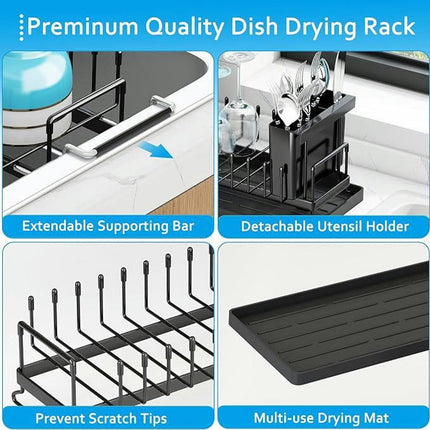 Dish Drying Rack Kitchen for Kitchen Counter - Extendable Kitchen Drying Rack with Cutlery Holder