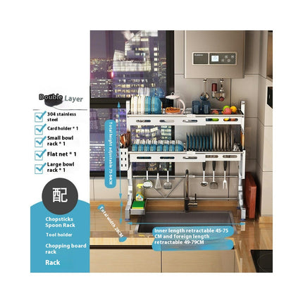 Over The Sink Dish Drying Rack Adjustable Large - for Kitchen Counter with Multiple Baskets Utensil Tool