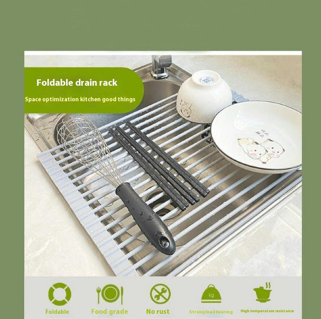 Over The Sink Dish Drying Rack Roll Up Kitchen Stainless Steel Foldable Gadgets - For Vegetable Fruit