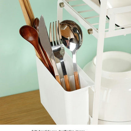 Dish Drying Rack - 2 Tier Dish Rack with Dish Drainer with Automatic Drainboard and Metal Utensil Tool