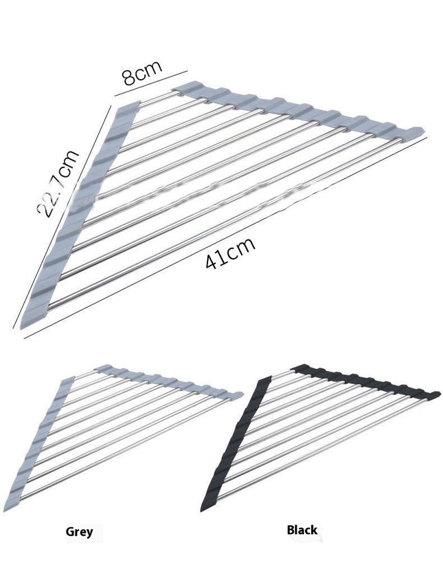 Foldable Corner Dish Drying Rack Triangle Dish Drainer Roll Up Drainer Stainless Steel Caddy Sponge Holder