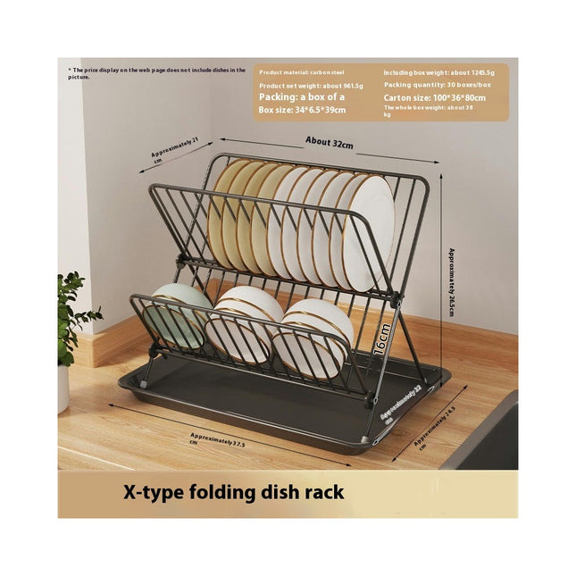 2-Tier Collapsible Dish Rack with Tray - Dish Drainer Kitchen Plate Foldable Rack for Kitchen Countertop