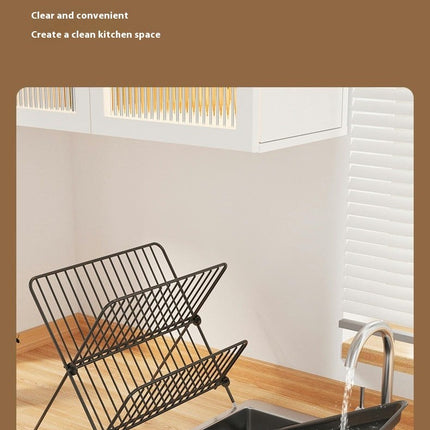 2-Tier Collapsible Dish Rack with Tray - Dish Drainer Kitchen Plate Foldable Rack for Kitchen Countertop