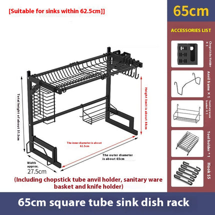 Over The Sink Dish Drying Rack Adjustable Length 2 Tier Dish Rack - with Multiple Baskets Utensil Holder