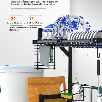 Over The Sink Dish Drying Rack Adjustable Length 2 Tier Dish Rack - with Multiple Baskets Utensil Holder