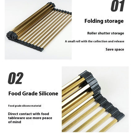 Roll Up Dish Drying Rack - Stainless Steel and Silicone Dish Drying Mat Over The Sink Foldable Drain