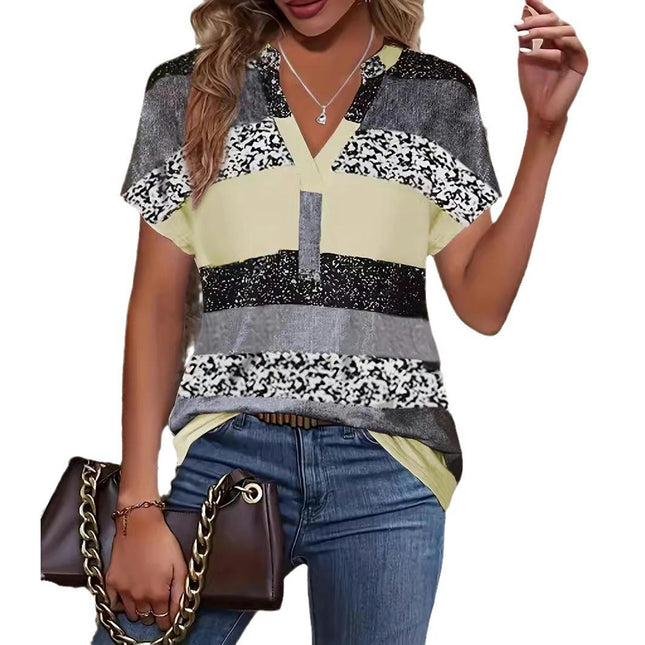 Women Summer V Neck Printed Tops Short Sleeve Casaul Loose Blouses