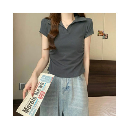 Womens Short Sleeve Tops V Neck Collared Side Shirring Fitted Polo Shirts