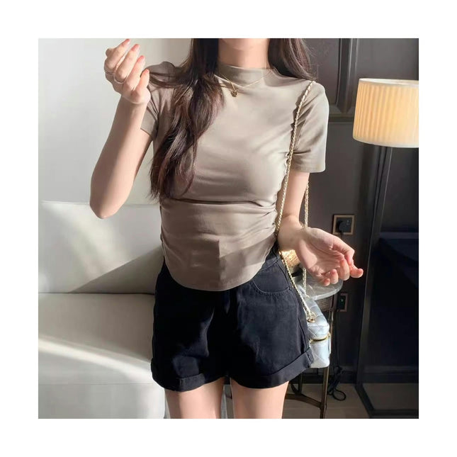 Women Short Sleeve Tshirts High Neck Slim Fit Tee Summer Ruched Side Top