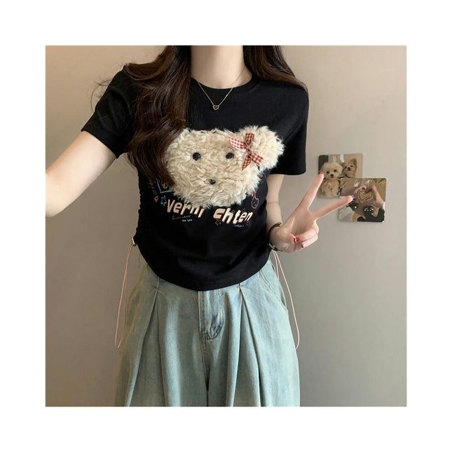 Women Short Sleeve Crew Neck Slim Fit Tee Summer Drawstring Side Crop Top