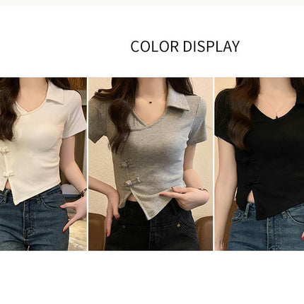 Womens V Neck Collared Short Sleeve Shirts Summer Fitted Asymmetrical Hem Crop Top