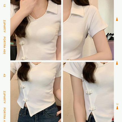 Womens V Neck Collared Short Sleeve Shirts Summer Fitted Asymmetrical Hem Crop Top