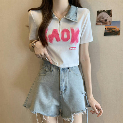Womens Summer Zipper Slim Fit Printed Crop Tops Casual Short Sleeve Collared Polo Shirts