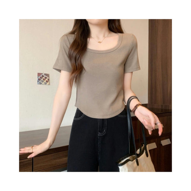 Women Summer Round Neck Short Sleeve Crop Tops Casual Slim Fit T Shirts