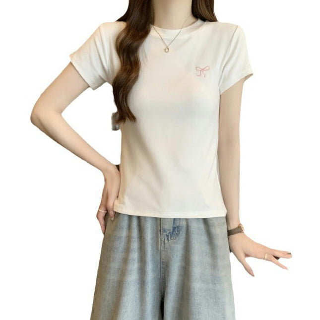 Women Bow Embroidery T-Shirt Short Sleeve Tees Slim Fit Summer Basic Crop Top