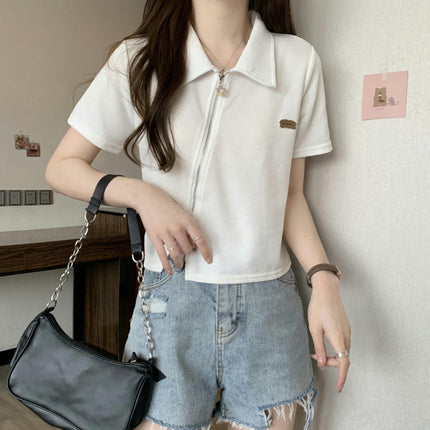 Womens Cropped Polo Shirts Summer Casual Short Sleeve Zipper Collared V Neck Crop Tops