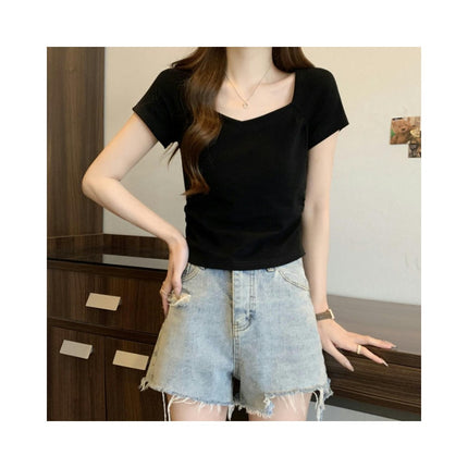 Women Summer Ruched Short Sleeve Square Neck T-Shirts Slim Fit Crop Tops