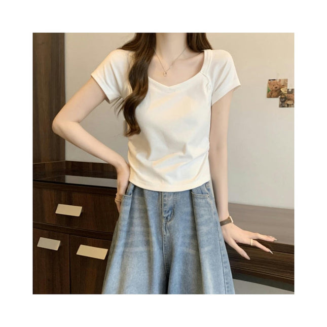 Women Summer Ruched Short Sleeve Square Neck T-Shirts Slim Fit Crop Tops