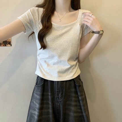 Women Summer Ruched Short Sleeve Square Neck T-Shirts Slim Fit Crop Tops