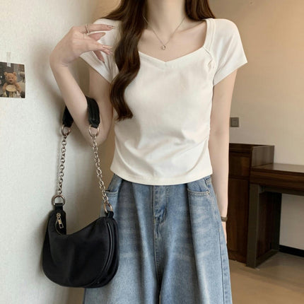 Women Summer Ruched Short Sleeve Square Neck T-Shirts Slim Fit Crop Tops