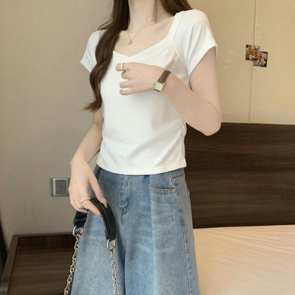 Women Summer Ruched Short Sleeve Square Neck T-Shirts Slim Fit Crop Tops
