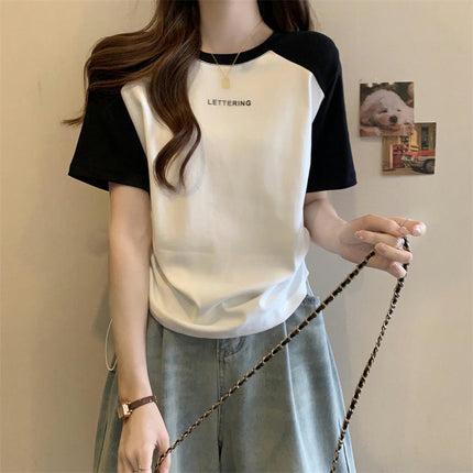 Women Summer Round Neck Short Sleeve T-Shirts Drawstring Casual Tops