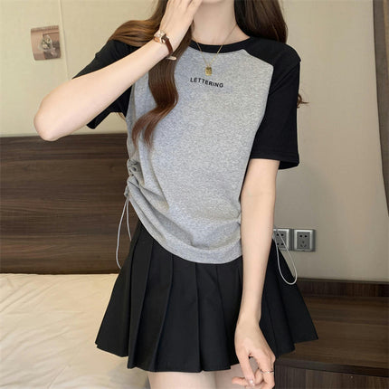 Women Summer Round Neck Short Sleeve T-Shirts Drawstring Casual Tops