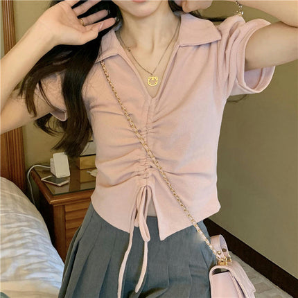 Women's Summer Puff Short Sleeve T-Shirts Collared V Neck Drawstring Crop Tops