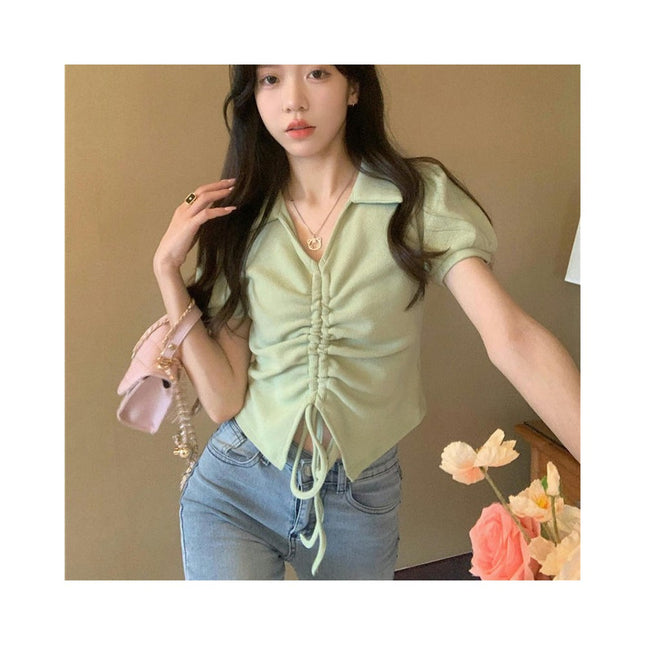 Women's Summer Puff Short Sleeve T-Shirts Collared V Neck Drawstring Crop Tops