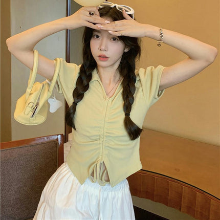 Women's Summer Puff Short Sleeve T-Shirts Collared V Neck Drawstring Crop Tops
