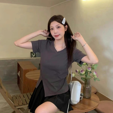Women V Neck Short Sleeve Ruched Crop Tops Slim Fit Side Slit T-Shirts
